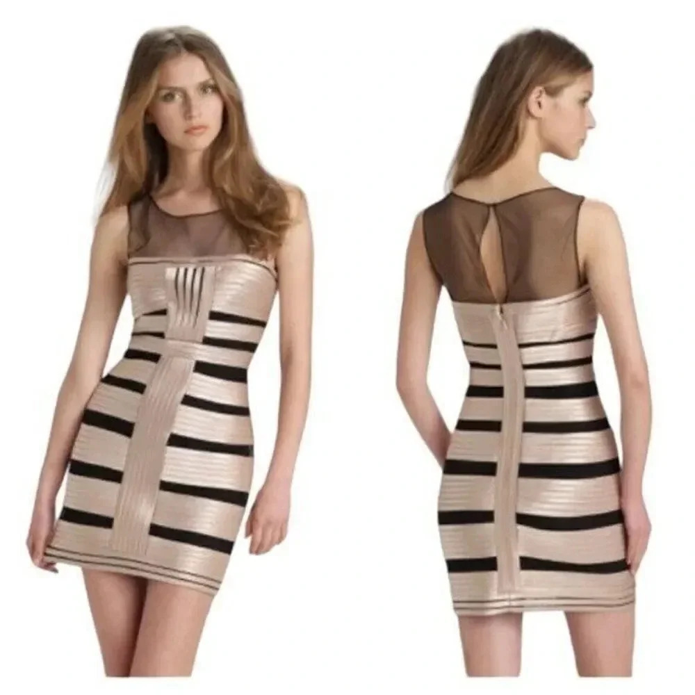 BCBGMAXAZRIA Champagne Black Striped Cocktail Mini Dress Size 6